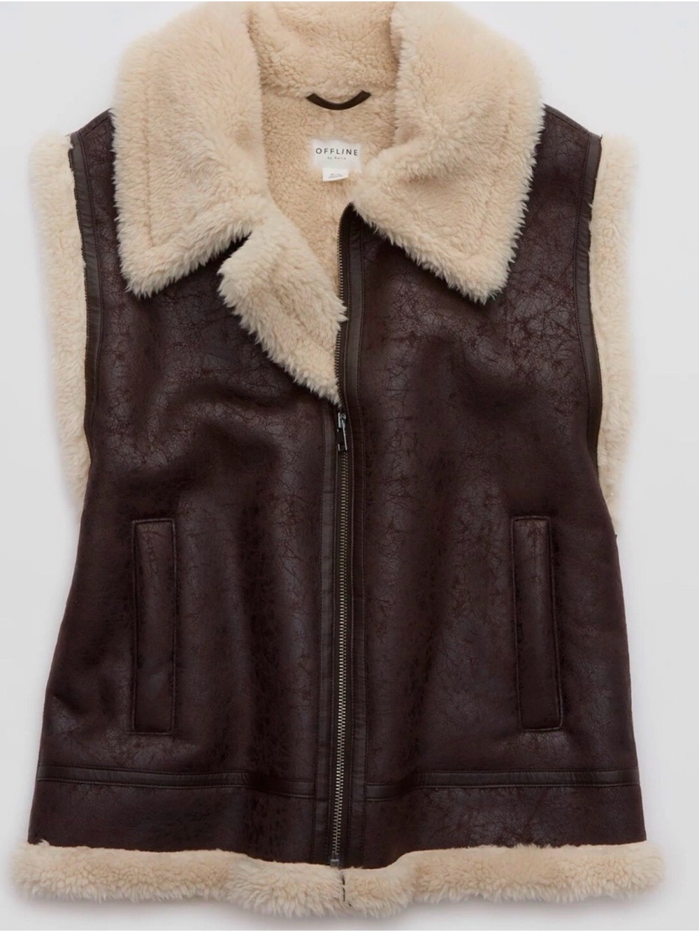 aerie Brown Faux-Leather Shearling Vest with Cream Trim
